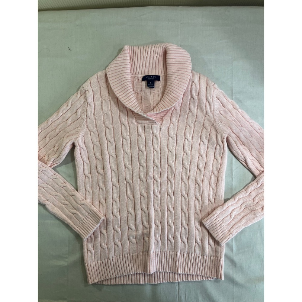 Chaps Womens Small Pink Cable Knit Shawl Collar Sweater 100% Cotton Long Sleeve